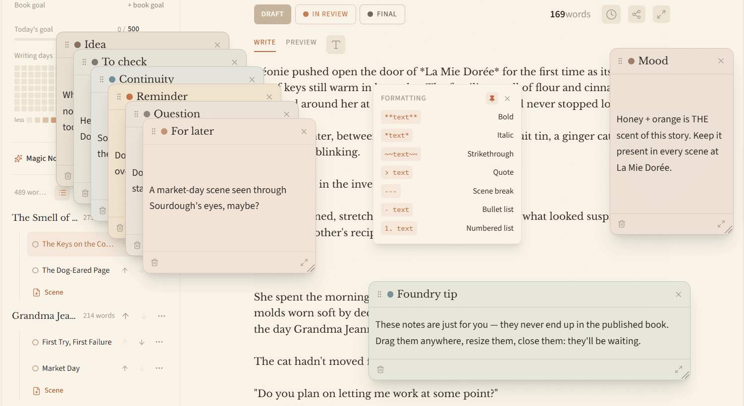 Several Magic Notes scattered over a manuscript page in The Foundry